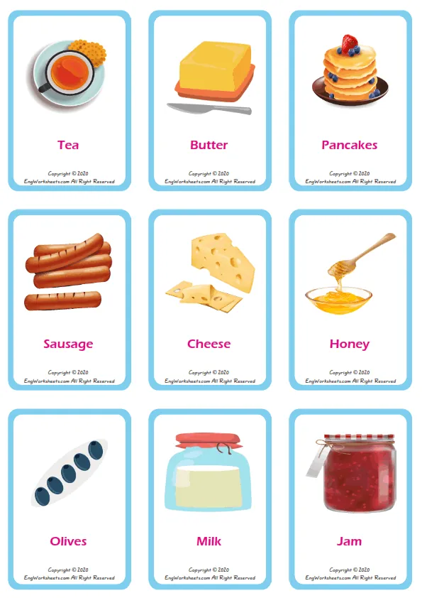 Breakfast vocabulary worksheet with words, nine images per page