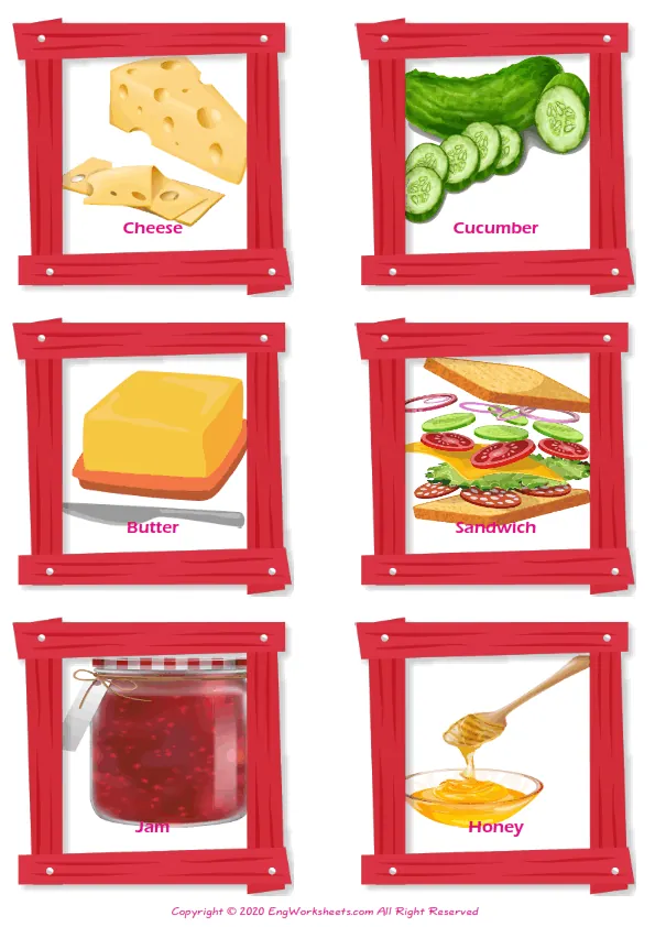 Breakfast vocabulary worksheet with words, six images per page
