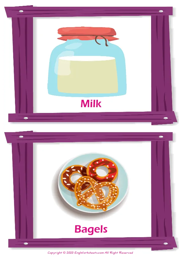 Breakfast vocabulary worksheet with words, two images per page