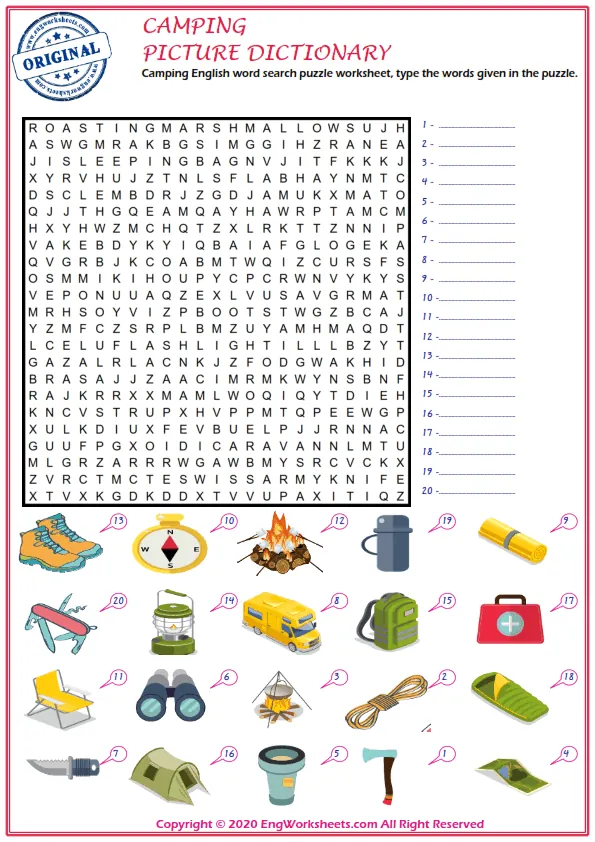 Camping English word search puzzle worksheet, type the words given in the puzzle.
