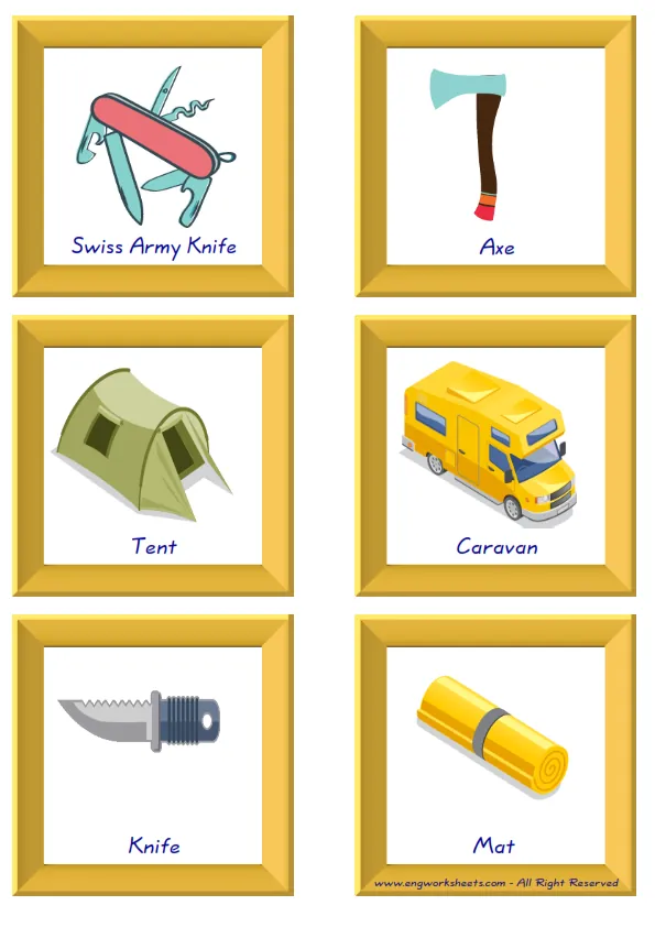 ESL Flashcard together with words containing Camping picture for kids and teachers.