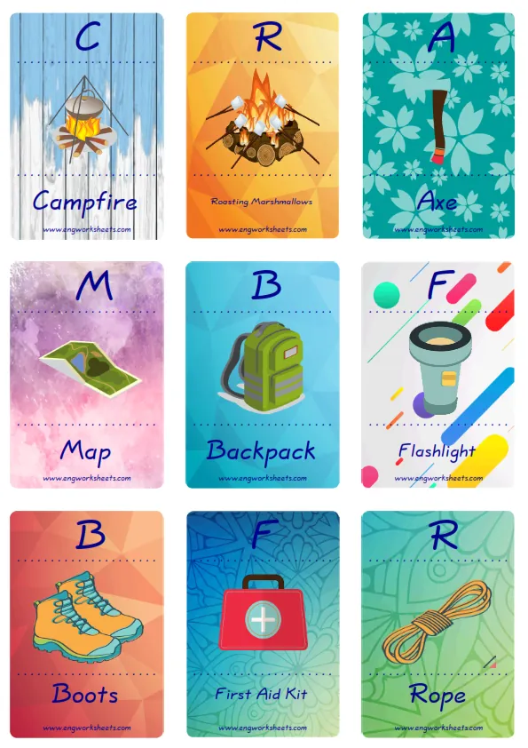 Mini size enjoyable ESL Flashcard Camping for kids and teachers.