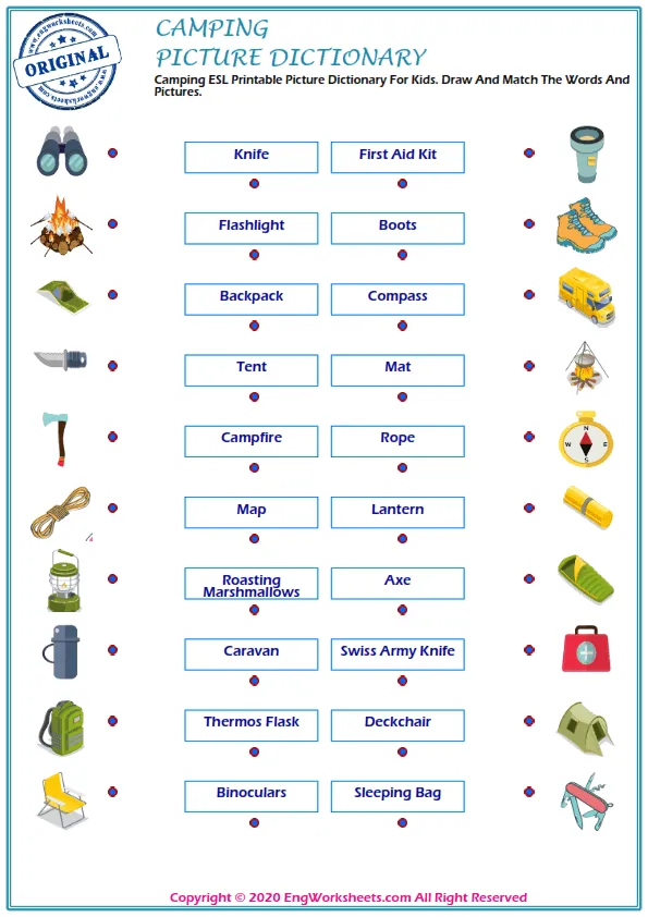 Camping ESL Printable Picture Dictionary For Kids. Draw And Match The Words And Pictures.