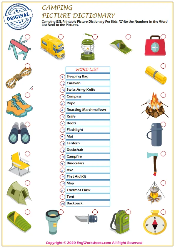 Camping ESL Printable Picture Dictionary For Kids. Write the Numbers in the Word List Next to the Pictures.