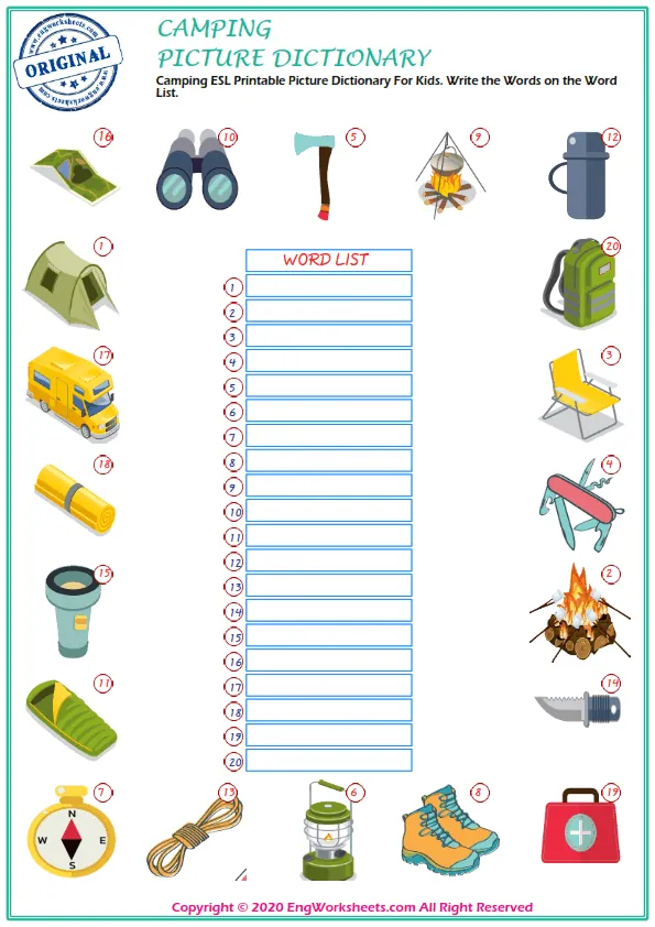 Camping ESL Printable Picture Dictionary For Kids. Write the Words on the Word List.