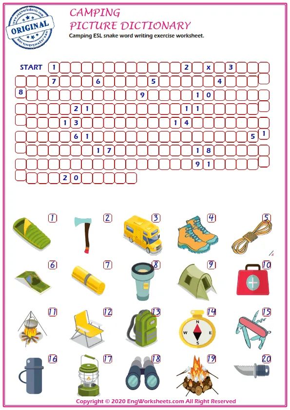Camping ESL snake word writing exercise worksheet.