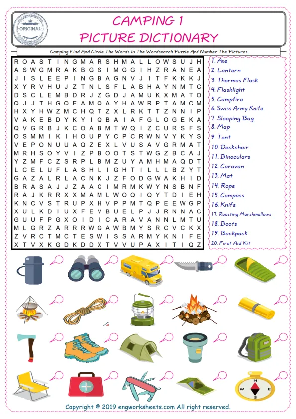 ESL wordsearch worksheets for kids, find Camping words in the word wordsearch write its number on its picture English worksheet.