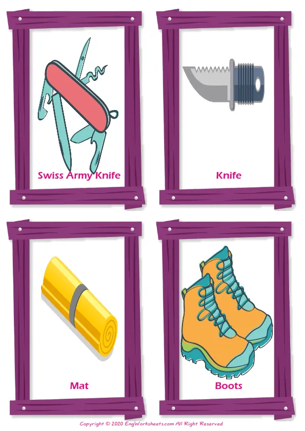 Camping vocabulary worksheet with words, four images per page
