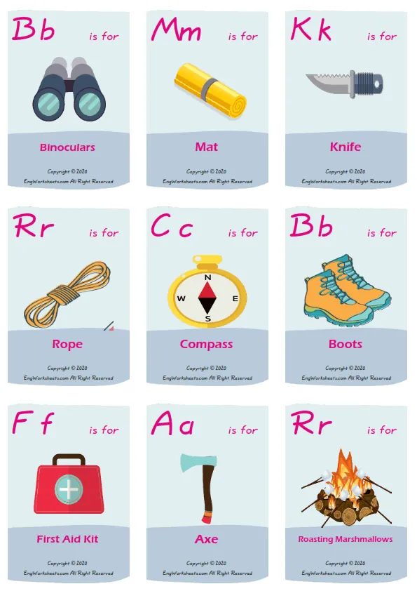 Camping vocabulary worksheet with words, nine images per page
