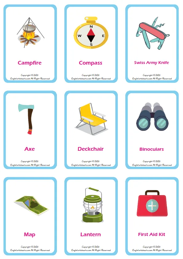 Camping vocabulary worksheet with words, nine images per page