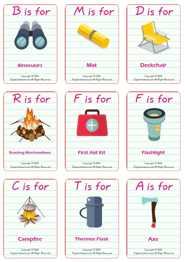 Camping vocabulary worksheet with words, nine images per page
