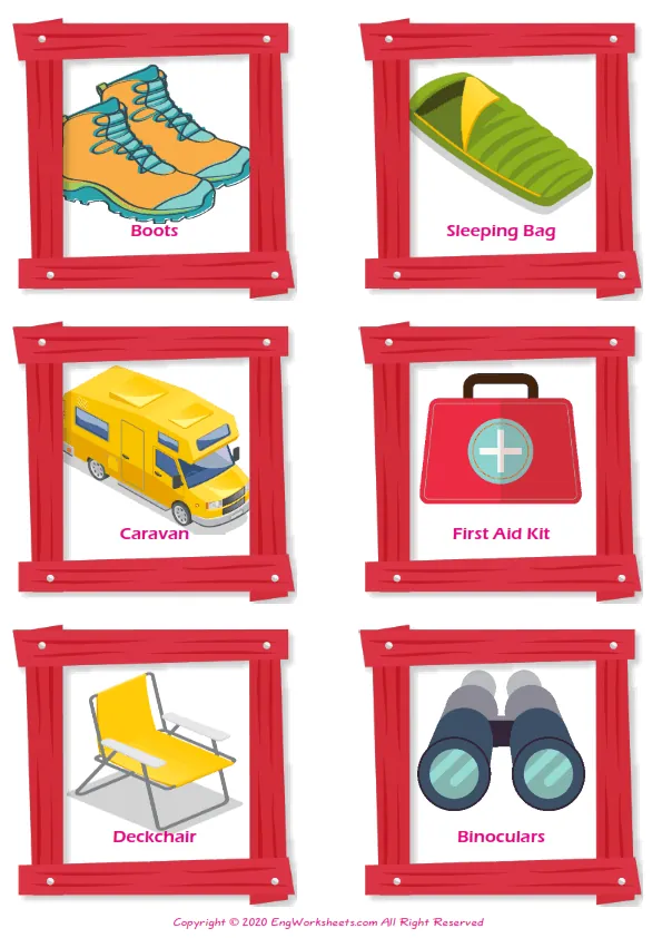 Camping vocabulary worksheet with words, six images per page