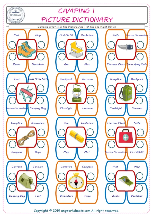 check the picture, mark the correct option amongst the given Camping words English worksheet for kids
