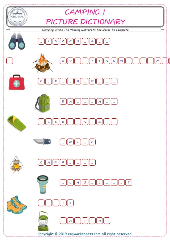 Type in the blank and learn the missing letters in the Camping words given for kids English worksheet.