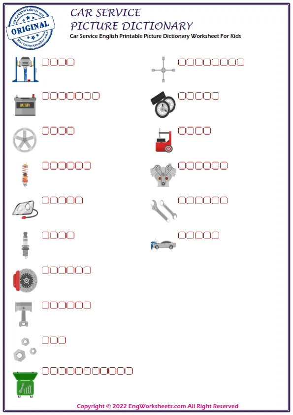 Car Service English Printable Picture Dictionary Worksheet For Kids