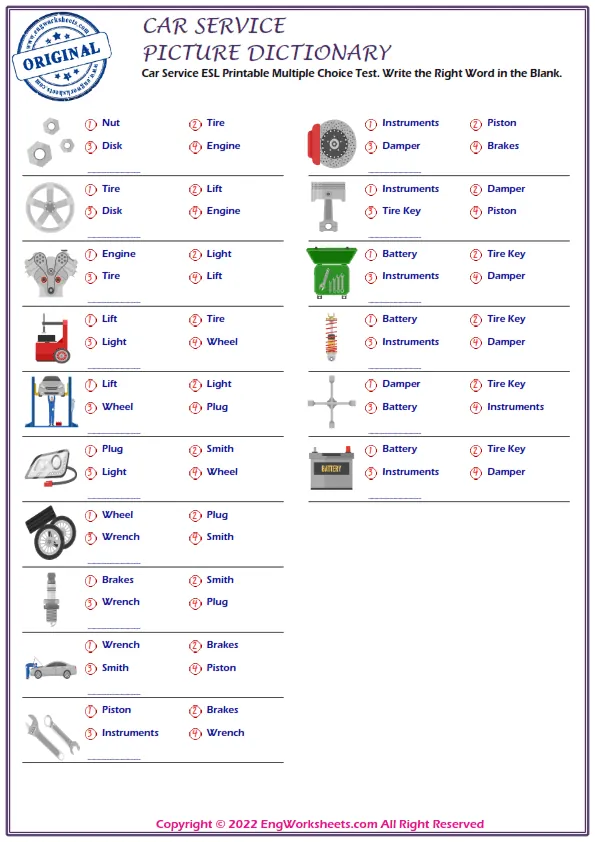 Car Service ESL Printable Multiple Choice Test. Write the Right Word in the Blank.