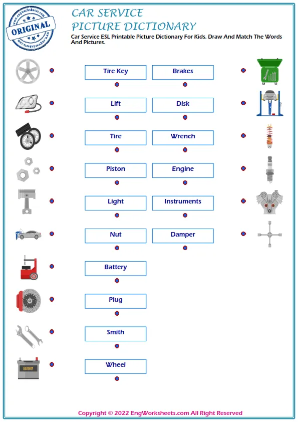Car Service ESL Printable Picture Dictionary For Kids. Draw And Match The Words And Pictures.