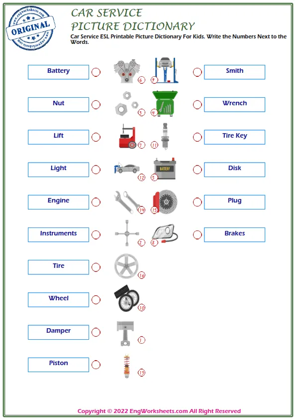Car Service ESL Printable Picture Dictionary For Kids. Write the Numbers Next to the Words.
