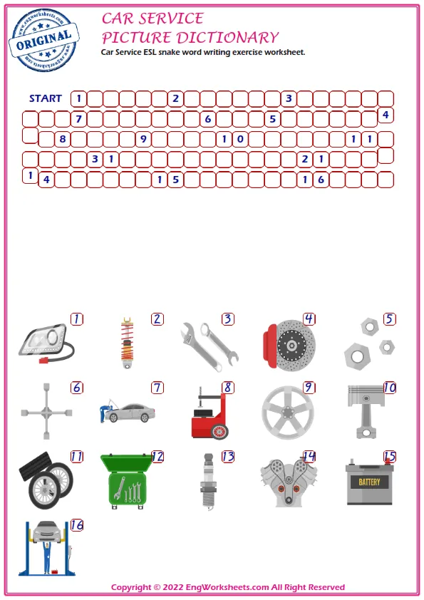 Car Service ESL snake word writing exercise worksheet.