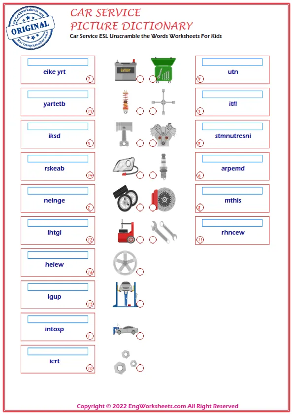 Car Service ESL Unscramble the Words Worksheets For Kids