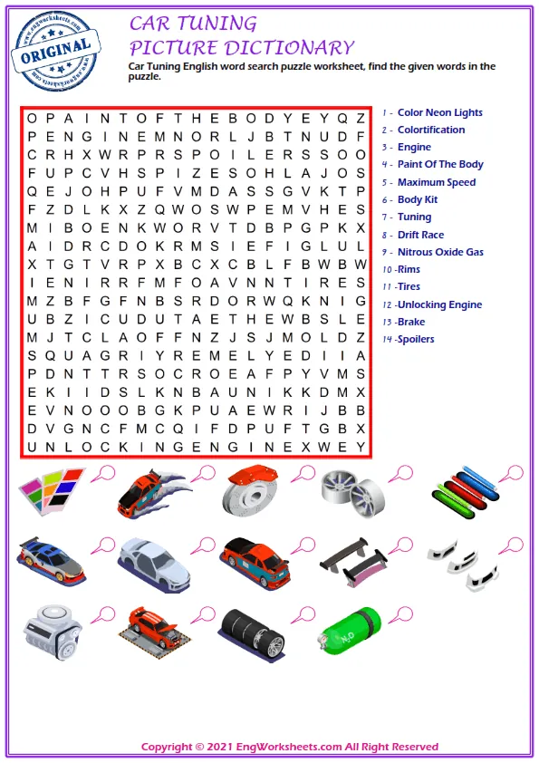 Car Tuning English word search puzzle worksheet, find the given words in the puzzle.