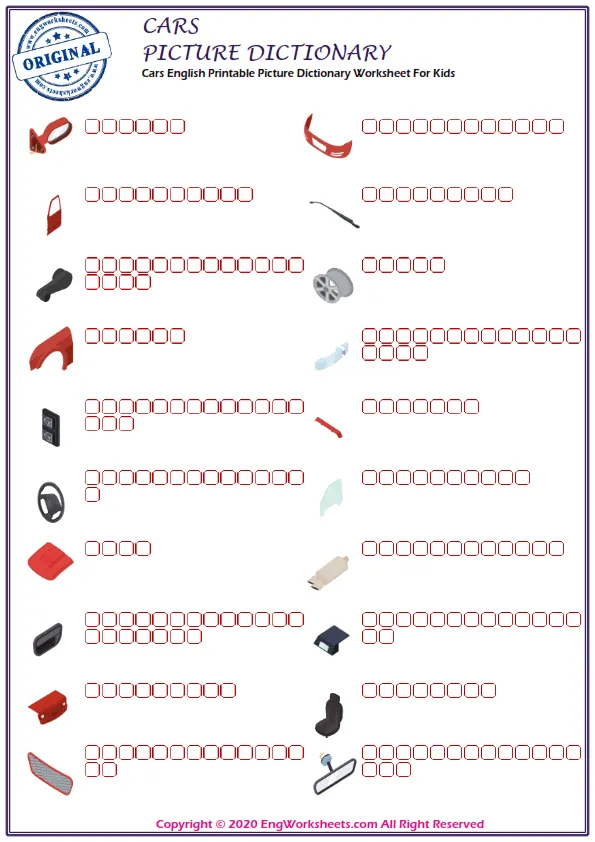 Cars English Printable Picture Dictionary Worksheet For Kids
