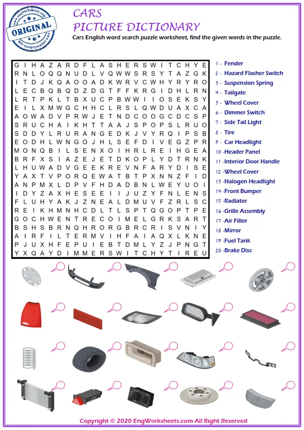 Cars English word search puzzle worksheet, find the given words in the puzzle.