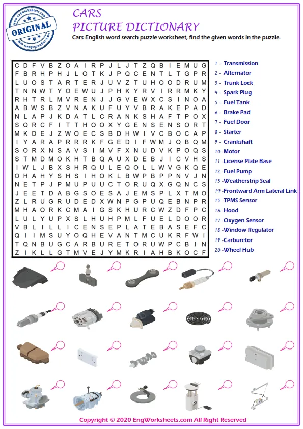 Cars English word search puzzle worksheet, find the given words in the puzzle.