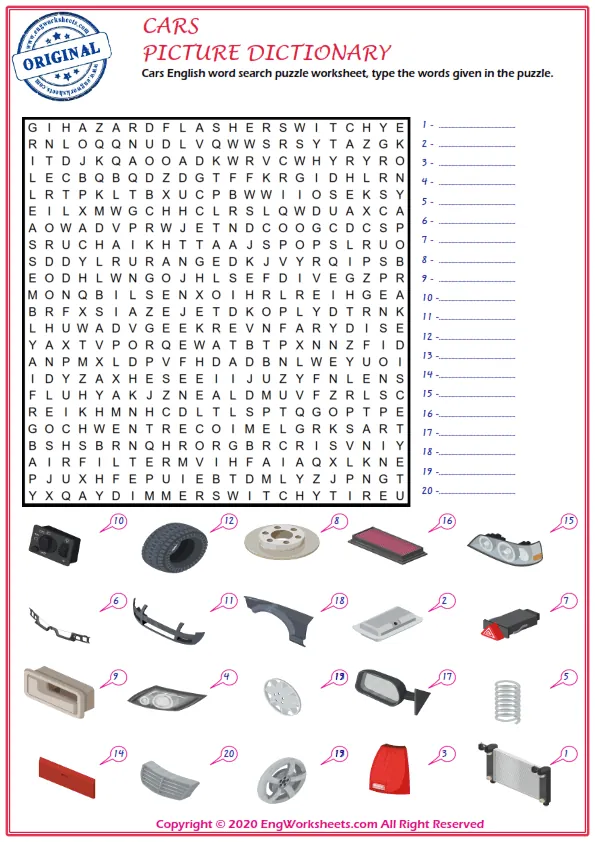 Cars English word search puzzle worksheet, type the words given in the puzzle.