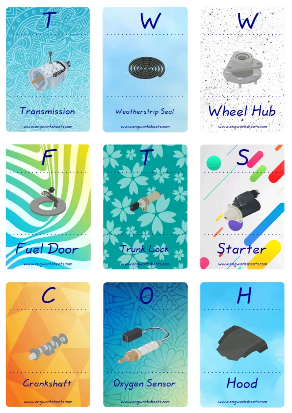 Mini size enjoyable ESL Flashcard Cars for kids and teachers.