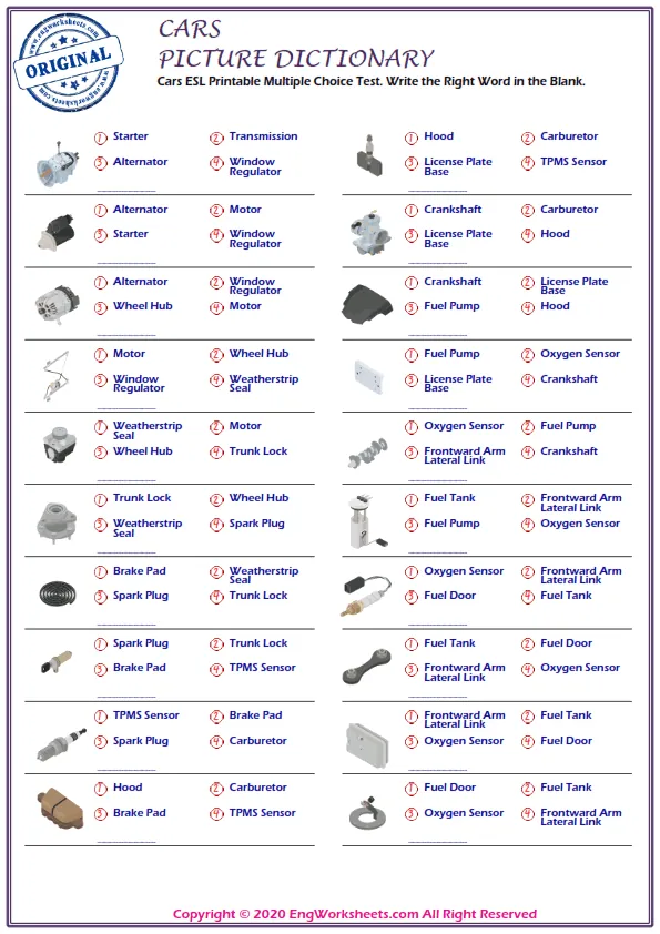 Cars ESL Printable Multiple Choice Test. Write the Right Word in the Blank.