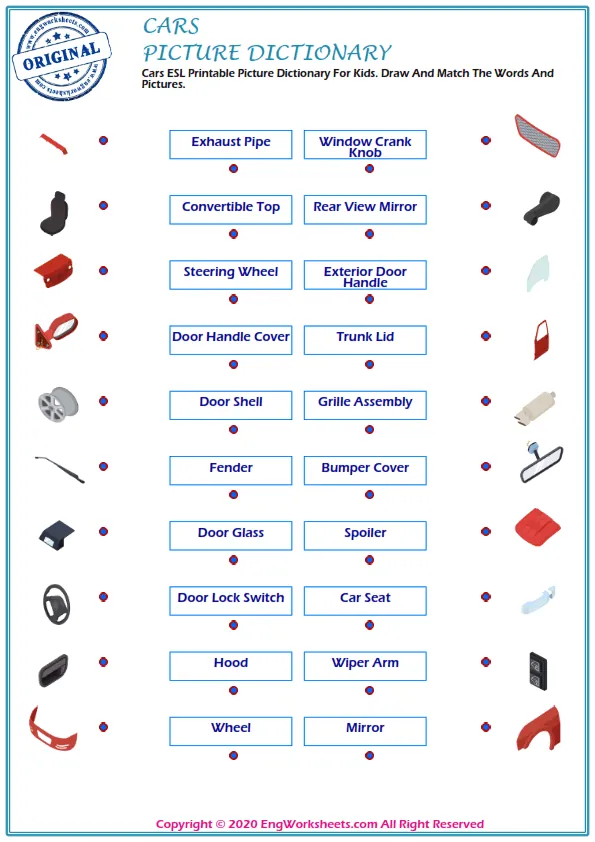 Cars ESL Printable Picture Dictionary For Kids. Draw And Match The Words And Pictures.