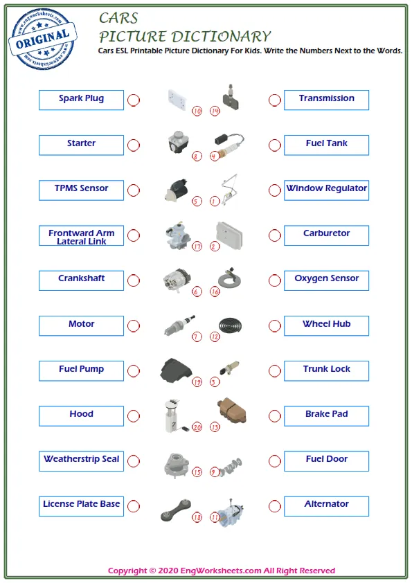 Cars ESL Printable Picture Dictionary For Kids. Write the Numbers Next to the Words.