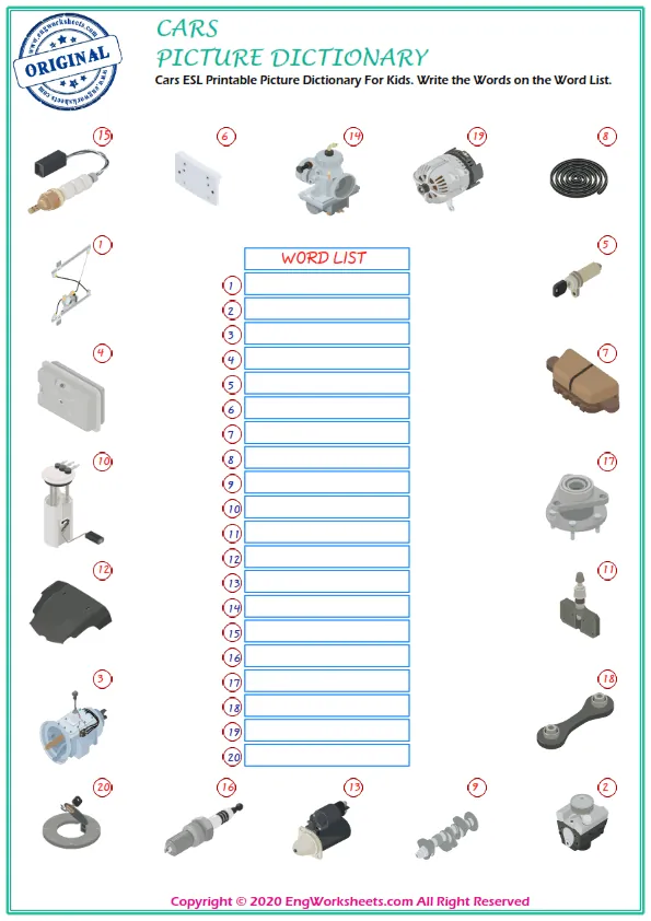 Cars ESL Printable Picture Dictionary For Kids. Write the Words on the Word List.