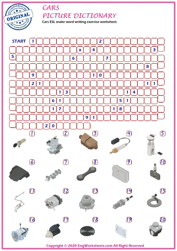 Cars ESL snake word writing exercise worksheet.