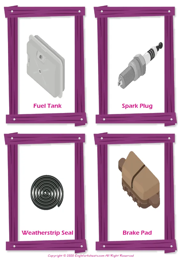 Cars vocabulary worksheet with words, four images per page