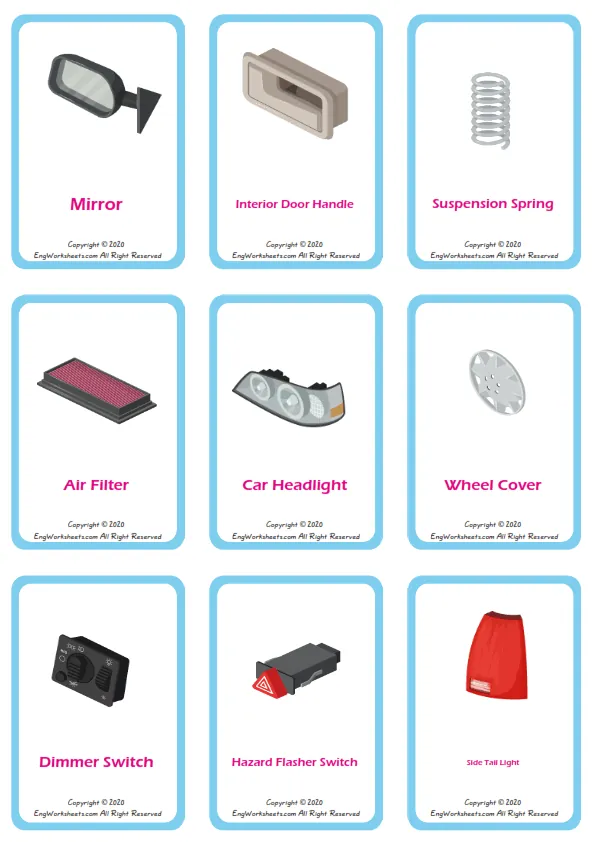 Cars vocabulary worksheet with words, nine images per page