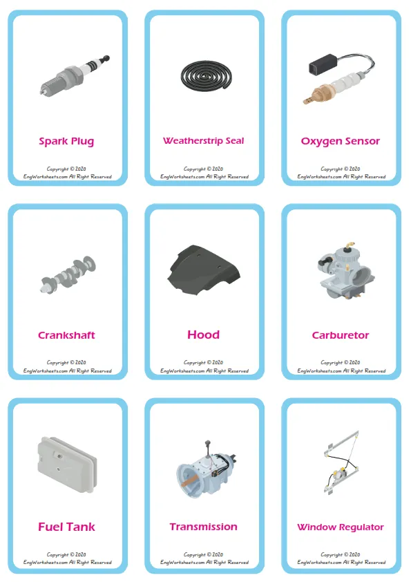 Cars vocabulary worksheet with words, nine images per page