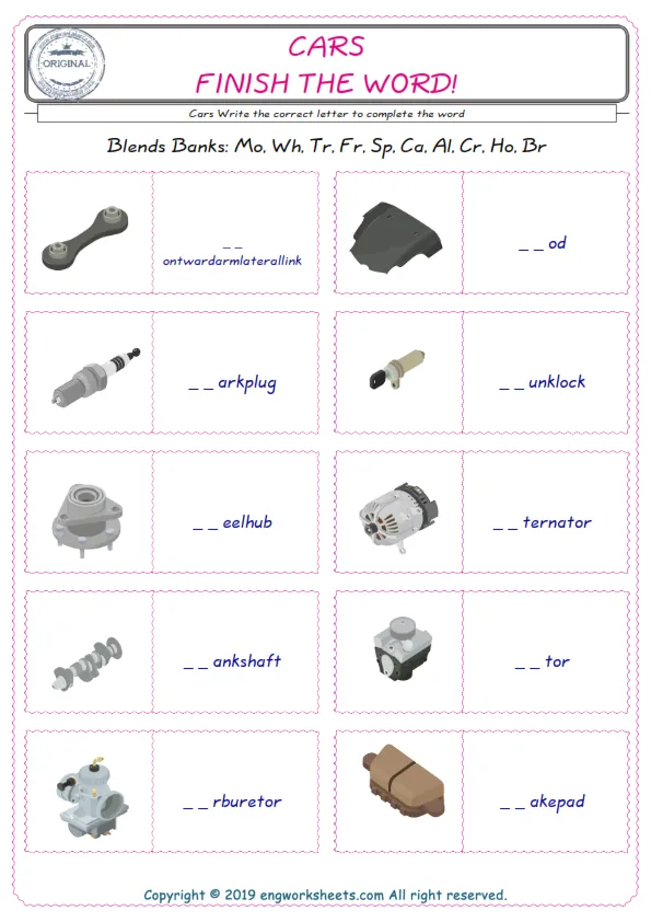 For kids, the Cars English worksheet for supplying into the correct blank place given letters special to the Cars Words.