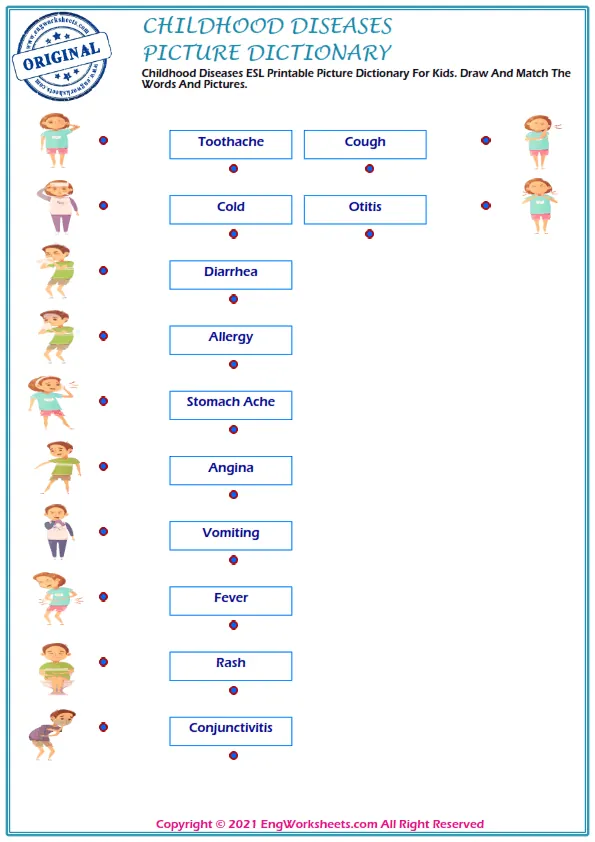 Childhood Diseases ESL Printable Picture Dictionary For Kids. Write the Words in the Word Bank in the Correct Place in the Word List.