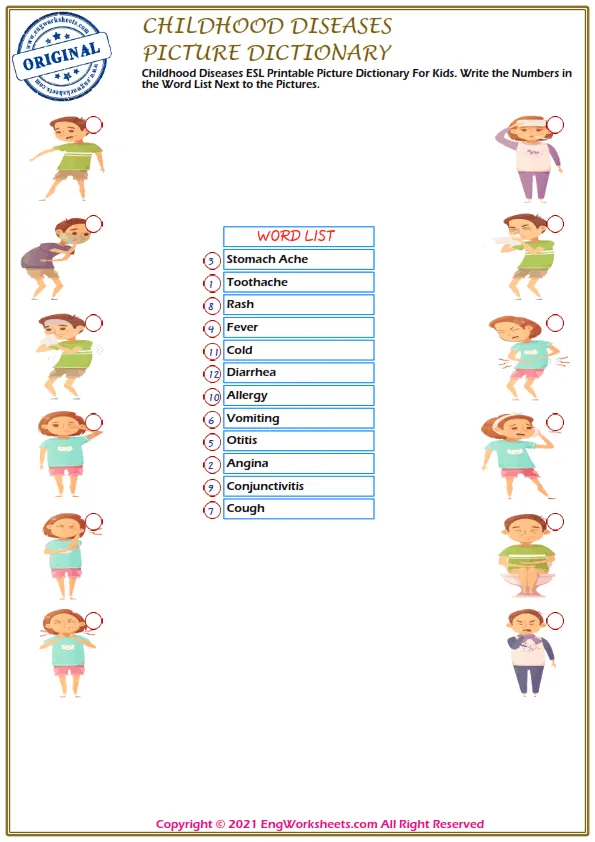 Childhood Diseases English word search puzzle worksheet, find the given words in the puzzle.