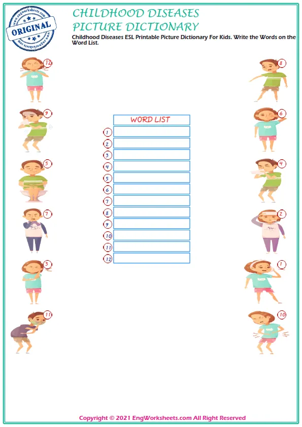 Childhood Diseases English word search puzzle worksheet, type the words given in the puzzle.