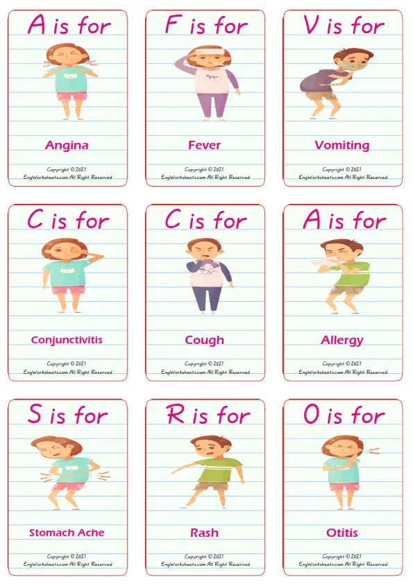 Full-page wordless Childhood Diseases English vocabulary worksheet