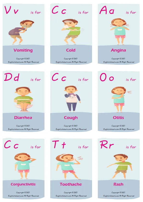 Wordless Childhood Diseases vocabulary worksheet with two images per page