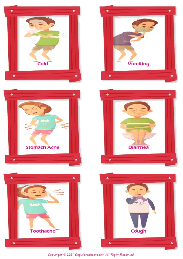 Childhood Diseases vocabulary worksheet with words, two images per page