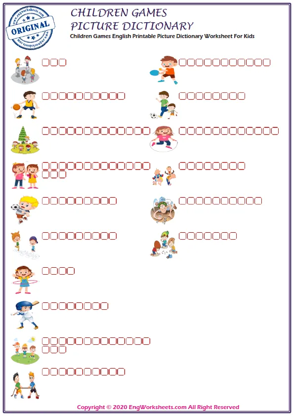 Children Games English Printable Picture Dictionary Worksheet For Kids