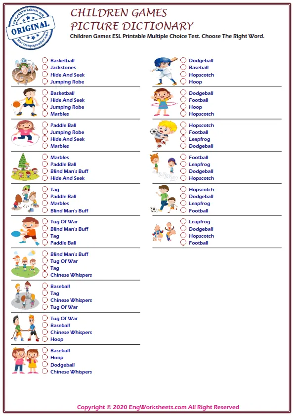 Children Games ESL Printable Multiple Choice Test. Choose The Right Word.