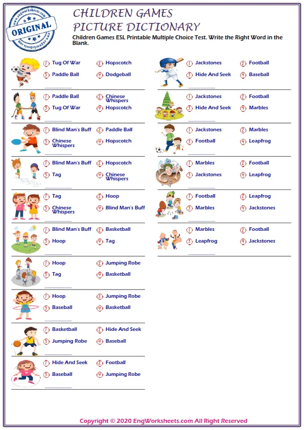 Children Games ESL Printable Multiple Choice Test. Write the Right Word in the Blank.
