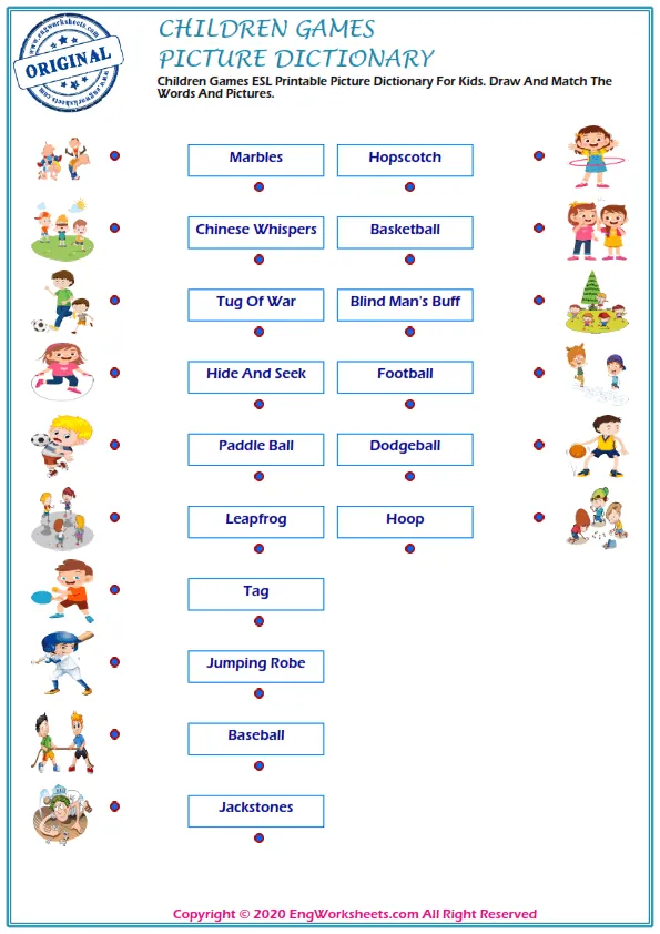 Children Games ESL Printable Picture Dictionary For Kids. Draw And Match The Words And Pictures.