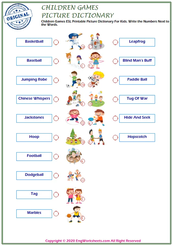 Children Games ESL Printable Picture Dictionary For Kids. Write the Numbers Next to the Words.